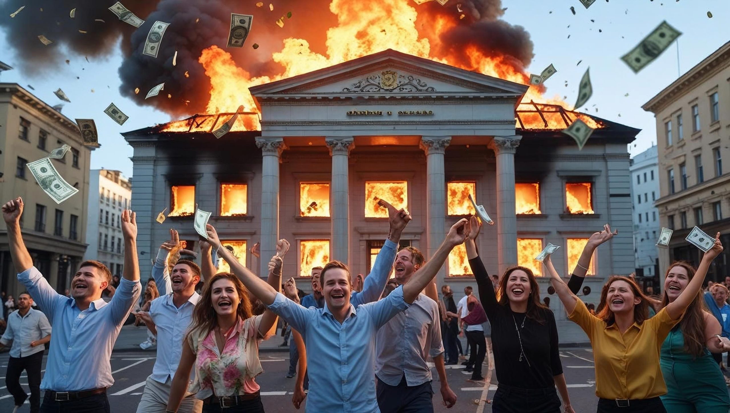 a bank on fire with rejoicing people in the street while money floats around in the air How to become debt free